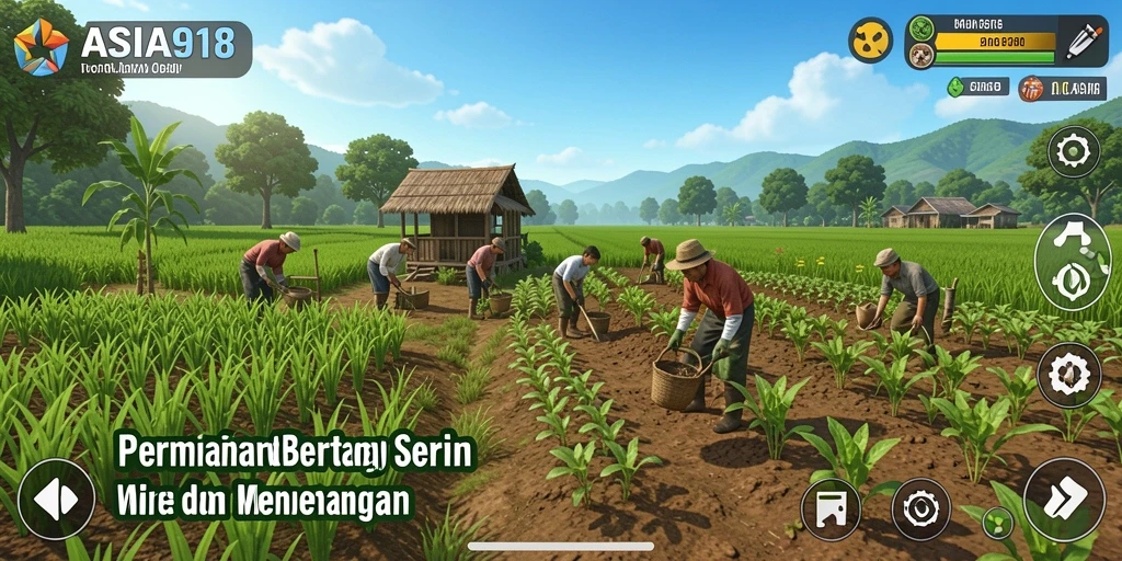 Tampilan gameplay <strong>ASIA918</strong> yang menampilkan pertanian yang subur dan aktif.