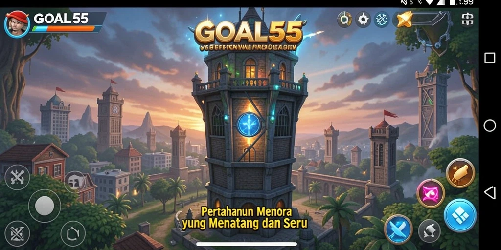 Screenshot menunjukkan seru gameplay Tower Defense dengan menara beraksi.