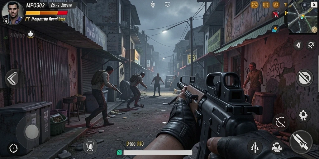 Screenshot MPO303 menunjukkan pertempuran FPS yang penuh aksi dan strategi.